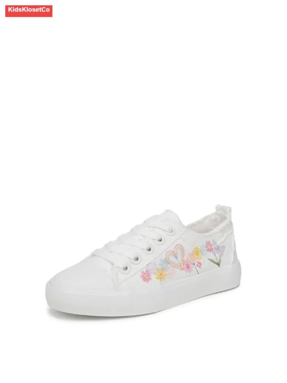 Kids Denim Fabric Sneakers Lace-Up Floral Embroidered Low Top Casual Walking